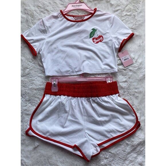 Juicy Couture Logo Tee Short Set Cherries Cherry Crop Top Swim Women’s Sz M NEW - Picture 1 of 13